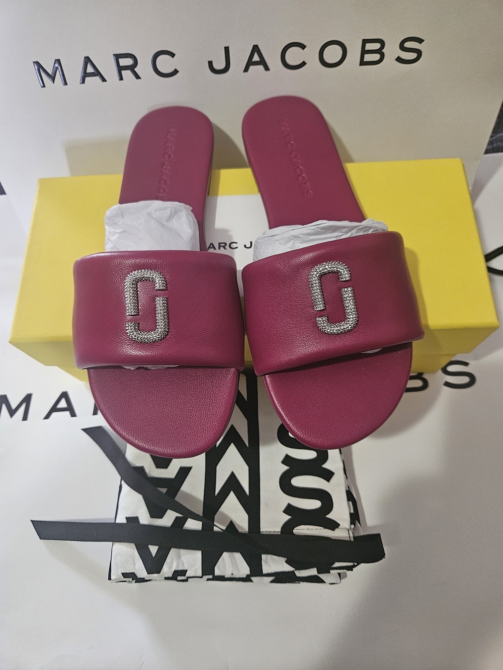 Marc Jacobs Fuchsia Slide Sandals with Crystal Logo Accent - Picture 4 of 11